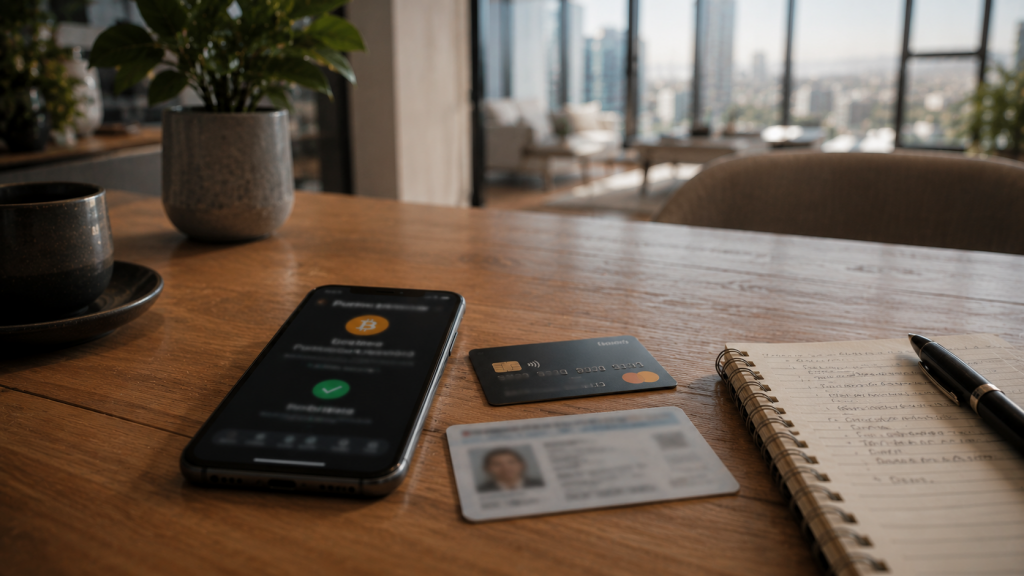 Teléfono móvil junto a una tarjeta bancaria y una libreta durante el proceso de compra de una primera criptomoneda en México.
