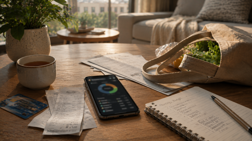 Teléfono móvil junto a recibos y gastos del hogar utilizado para administrar un presupuesto personal desde una aplicación financiera.