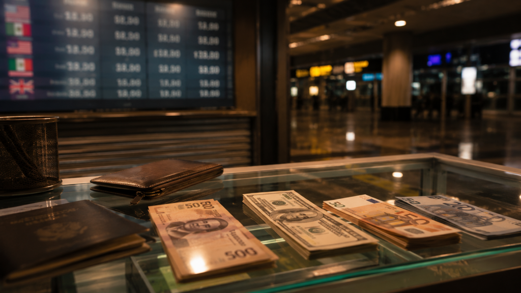 Pesos mexicanos, dólares y euros en una casa de cambio representando el mercado Forex y el intercambio de divisas.
