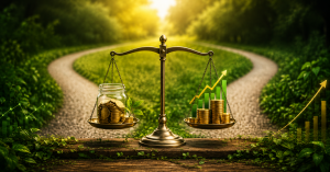 Dos senderos que parten del mismo punto en un bosque al amanecer, uno conduce hacia un lago tranquilo y otro hacia una montaña iluminada por el sol, simbolizando las diferentes estrategias de ahorro e inversión según los objetivos financieros.