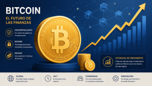 Moneda física de Bitcoin junto a un teléfono con una gráfica de criptomonedas en un escritorio moderno.