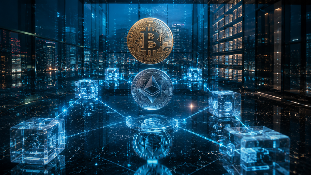 Representación futurista de tecnología blockchain con monedas digitales de Bitcoin y Ethereum flotando sobre una estructura de cristal iluminada en tonos azules.