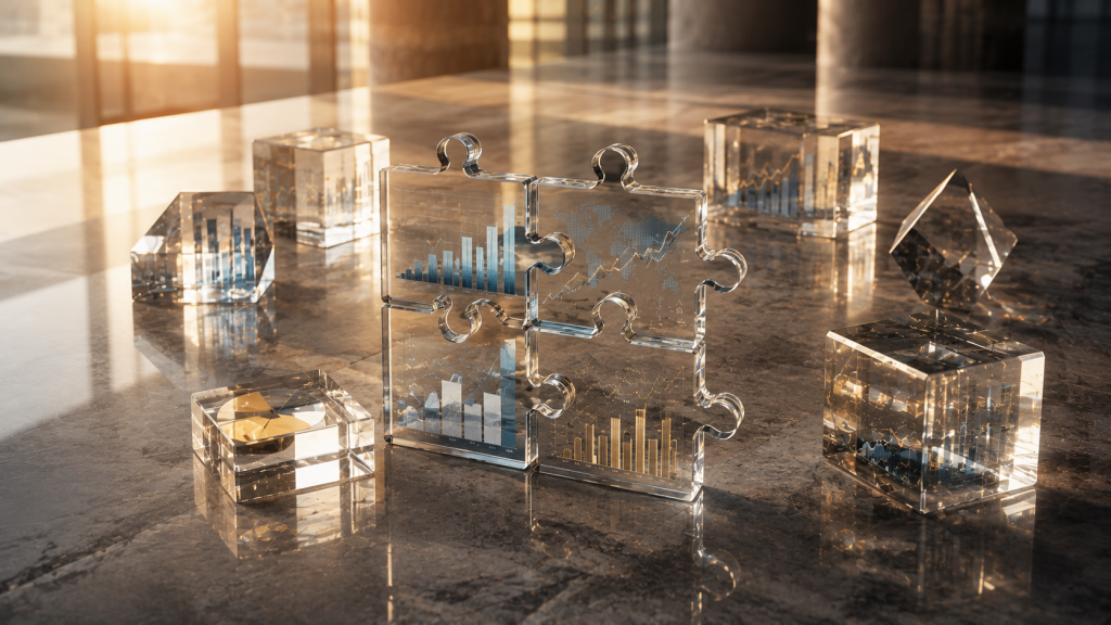 Mesa de trabajo con un rompecabezas financiero formado por piezas de cristal, gráficos abstractos y elementos que simbolizan la construcción de un portafolio de inversión diversificado.