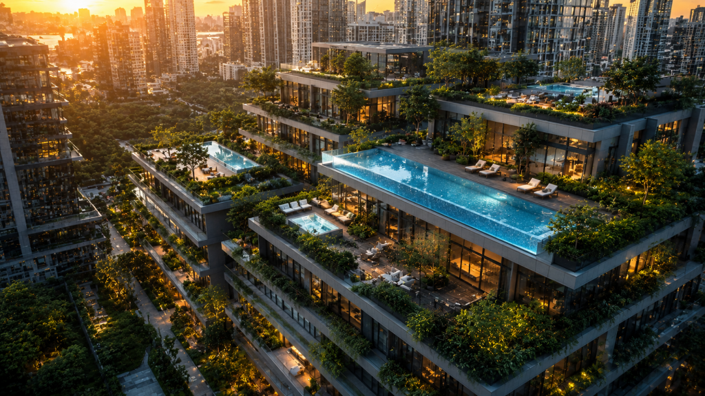 Complejo residencial moderno con terrazas ajardinadas y arquitectura contemporánea visto desde una perspectiva aérea, representando la inversión colectiva en proyectos inmobiliarios digitales.