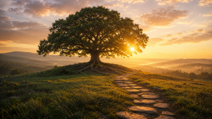 Árbol maduro creciendo sobre una colina al amanecer, con raíces fuertes y un sendero de piedra que conduce hacia él, representando cómo los hábitos financieros constantes producen resultados con el paso del tiempo.