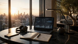 Espacio de trabajo moderno con computadora portátil y vista panorámica de la ciudad, representando la generación de ingresos extra desde casa.