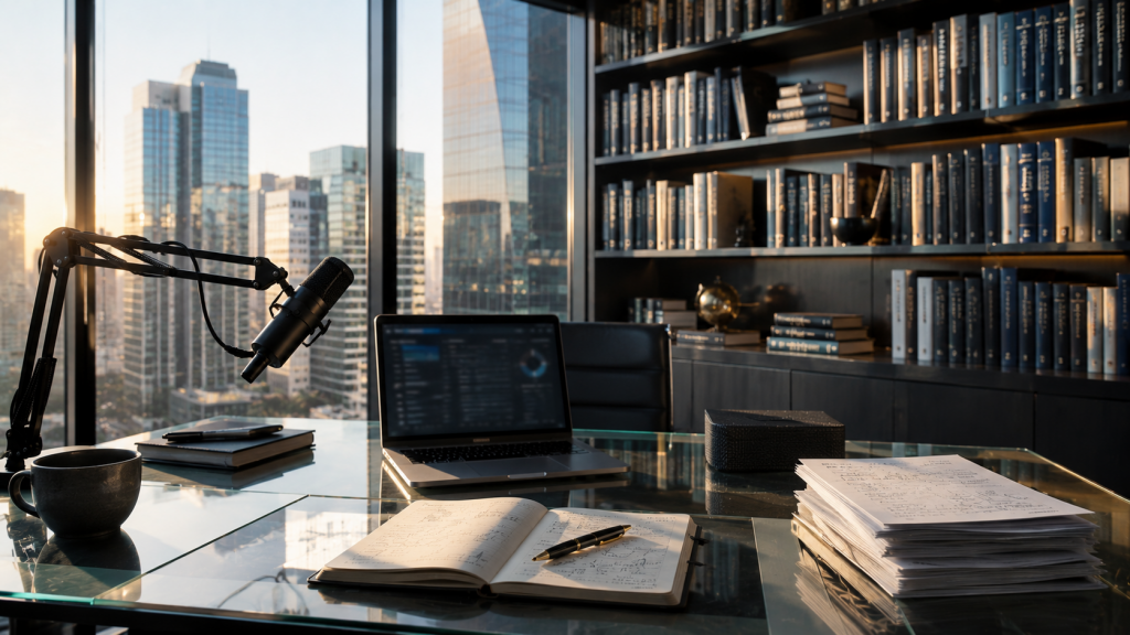 Estudio moderno con escritorio, computadora y biblioteca financiera que representa la creación y monetización de conocimientos sobre finanzas personales.