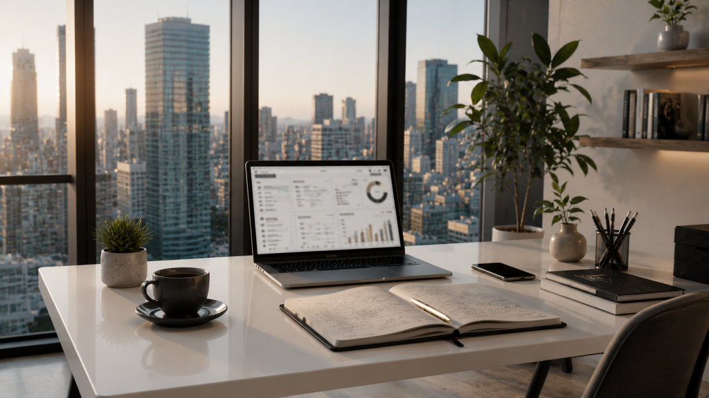 Espacio de trabajo moderno preparado para iniciar un negocio online con computadora portátil y materiales de planificación empresarial.