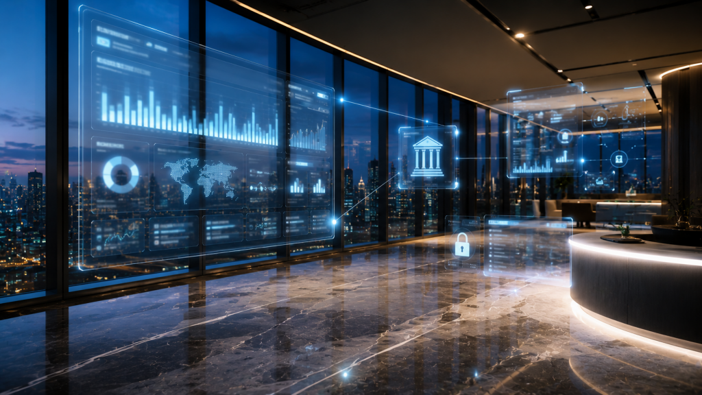 Centro moderno de innovación financiera con interfaces digitales que representan la conexión segura entre diferentes servicios bancarios.
