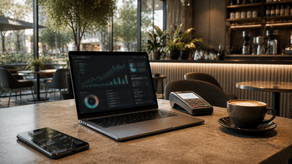 Computadora portátil, teléfono inteligente y terminal de pago sobre una mesa moderna representando el crecimiento de las plataformas fintech en México.