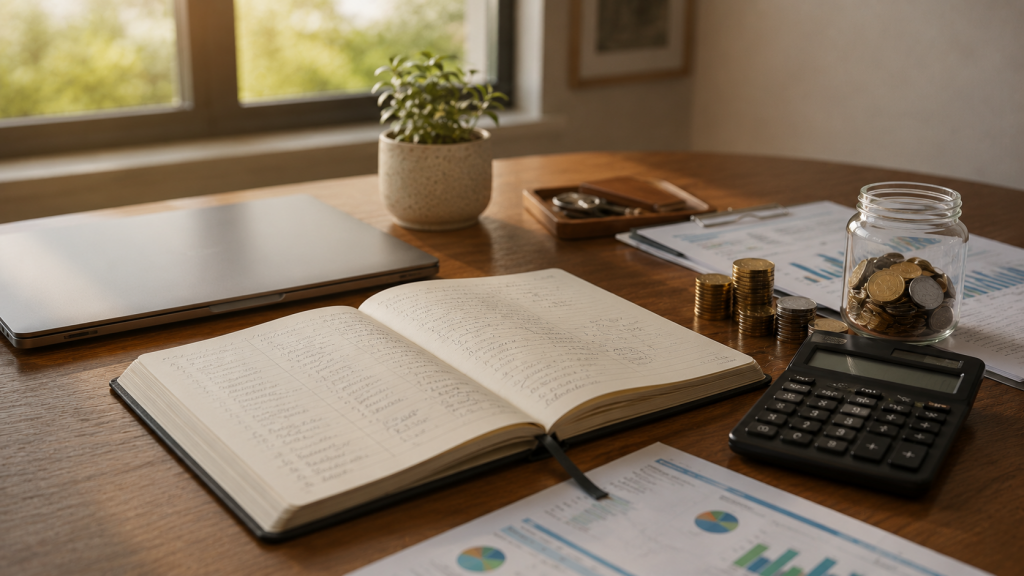 Escritorio con cuaderno de planificación financiera, monedas mexicanas organizadas y calculadora sobre una mesa de madera.