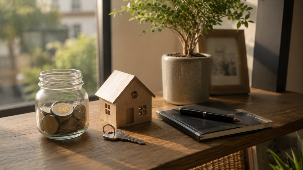 Ahorros, llaves de una vivienda y activos representando la construcción de patrimonio financiero en México.