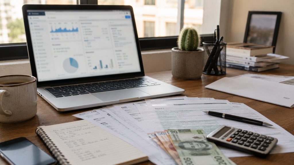 Documentos fiscales y computadora organizados para declarar impuestos como freelancer en México.