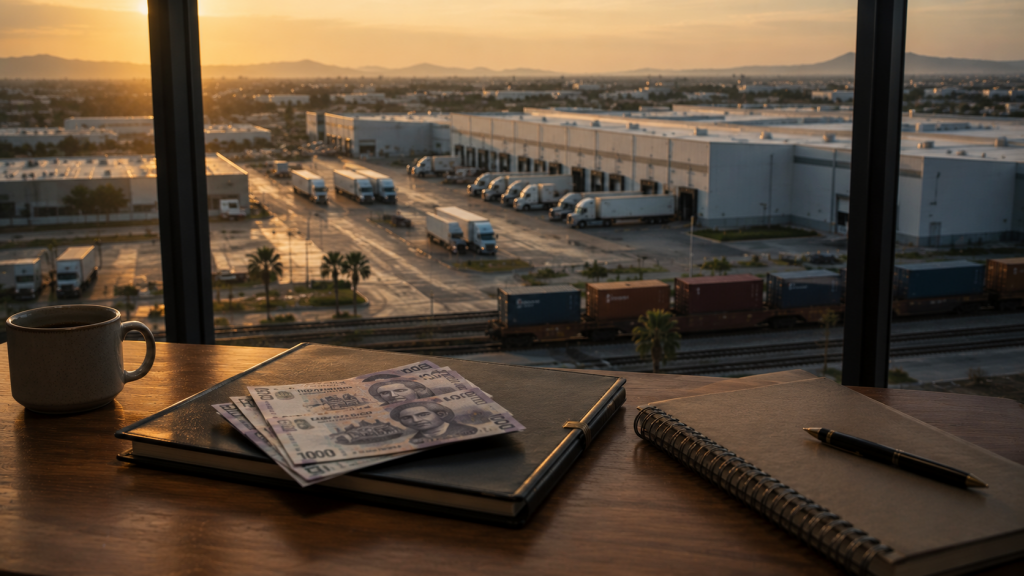 Parque industrial en México con transporte de carga y documentos de inversión representando el crecimiento del nearshoring.