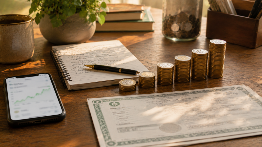 Inversión en CETES desde un teléfono móvil con ahorro organizado y monedas mexicanas creciendo.