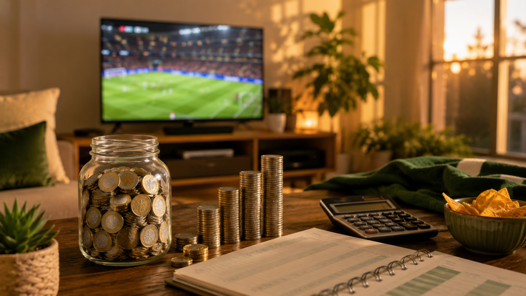 Sala preparada para disfrutar un partido de fútbol con presupuesto y ahorro organizado durante el Mundial 2026.