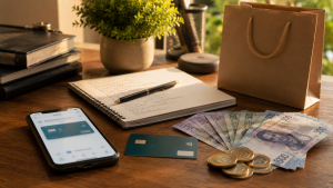 Pago digital con tarjeta y celular acompañado de un presupuesto mensual organizado en México.
